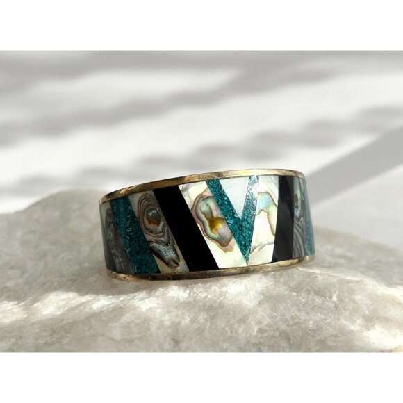 Abalone & Turquoise Hecho De Mexico Gold T Alpaca Silver Vintage Cuff Bracelet - Picture 10 of 16